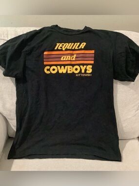 Kittenish Black Tee with Yellow & Orange 'Tequila and Cowboys' Graphic